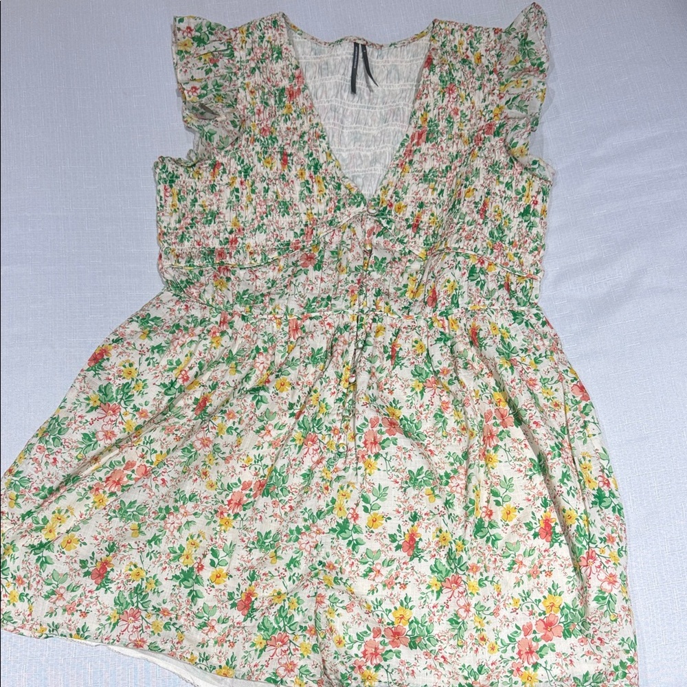 Floral Smocked V-Neck Jumpsuit Romper - Green & Cream